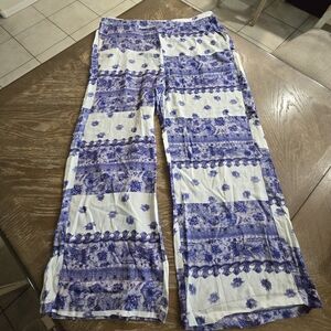 Blue White Floral Palazzo Pants Women’s 3X Viscose Wide Leg Elastic Waist Pocket